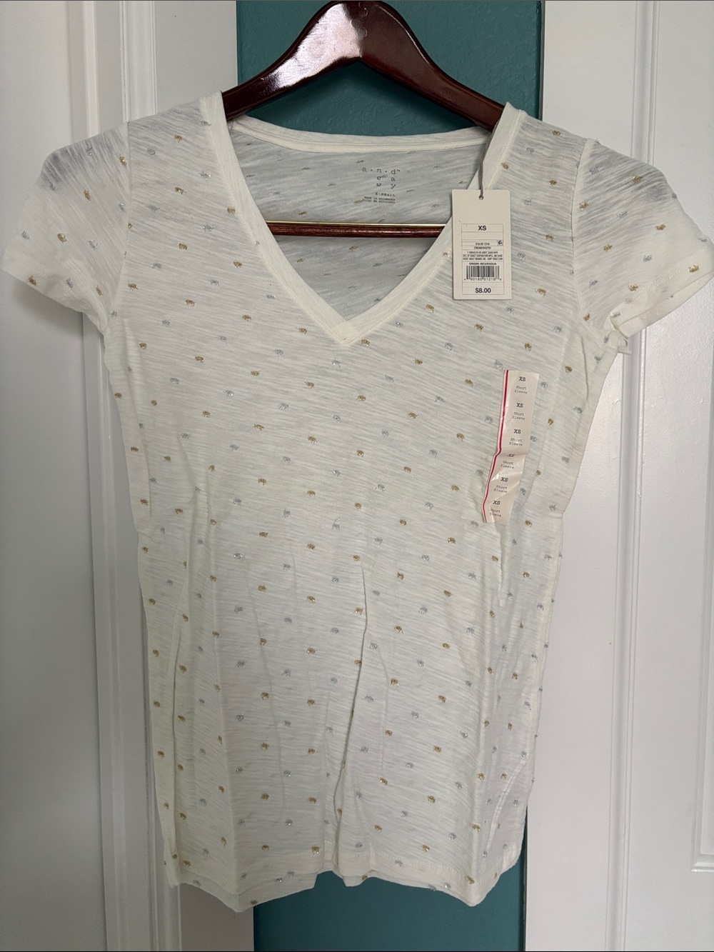 a new day White V-Neck Short Sleeve Tee with Gold Dot Pattern